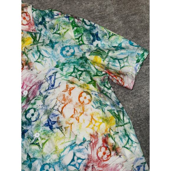 Louis Vuitton Pastel Multicolor Monogram Logo Short Sleeve Button Down Shirt L - Picture 8 of 13